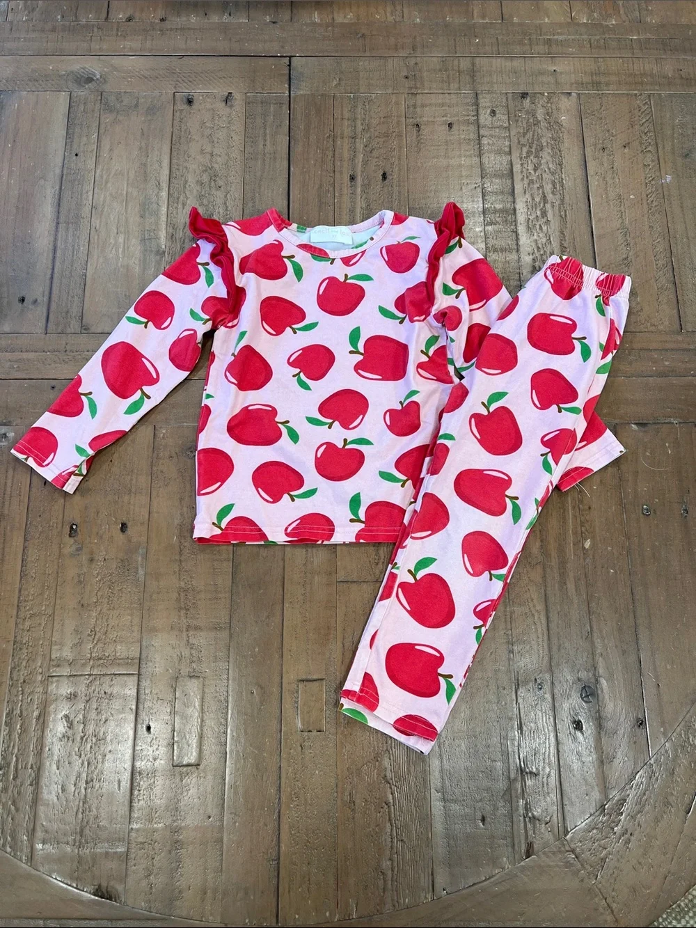 Cecil and Lou pink apple print ruffled two piece top and pants set 3T